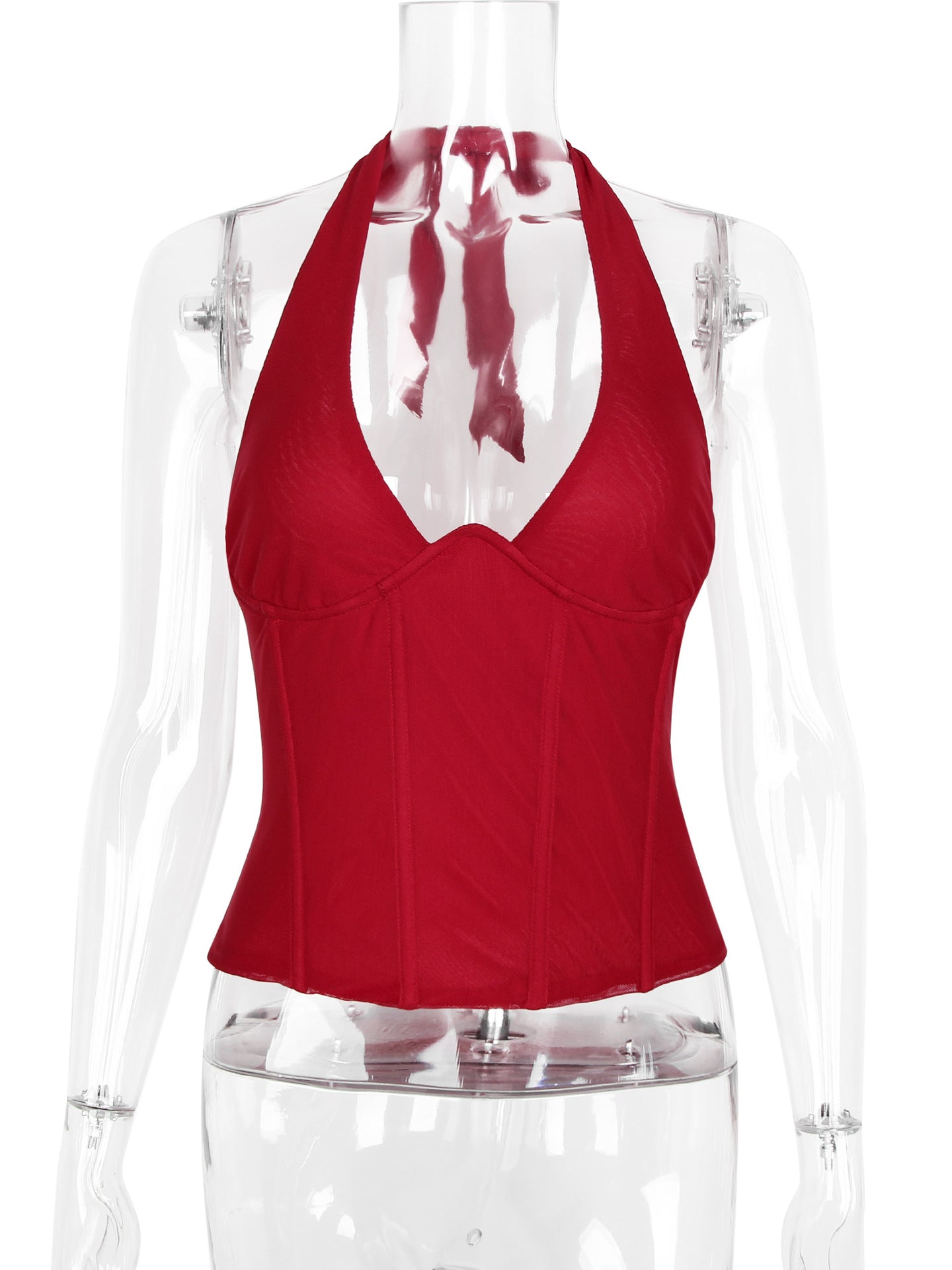 red halterneck herringbone backless cropped top