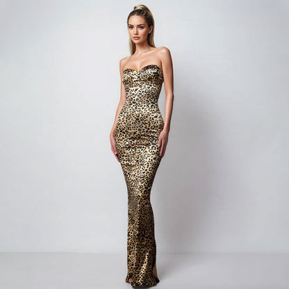 Leopard Print Strapless Bust-Wrapping Slit Dress