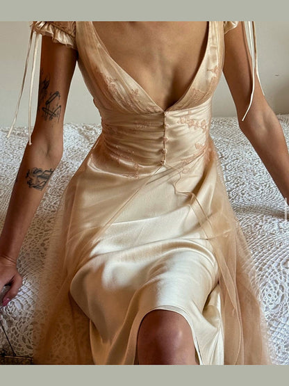 Satin Ruffled midi Dress with Deep-V Mesh and Lace Paneling