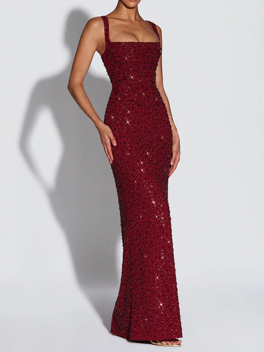 red sequin suspender evening dress