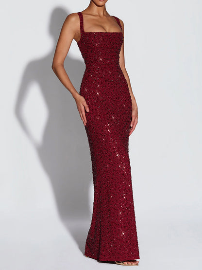 red sequin suspender evening dress