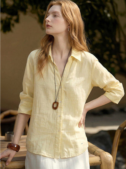 Light Yellow Linen V-Neck Three-quarter Sleeve Shirt