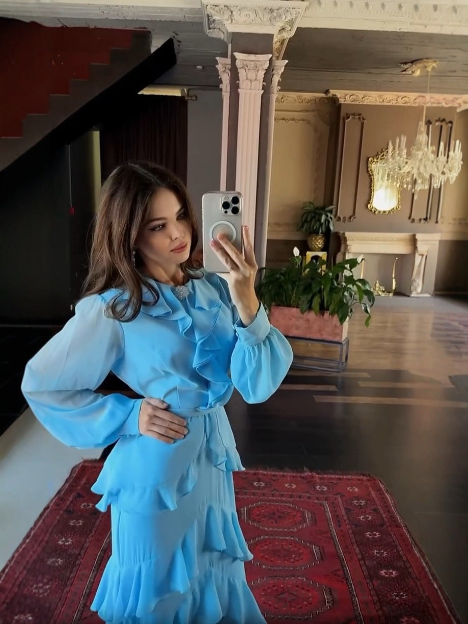 V-neck long-sleeve ruffle maxi dress