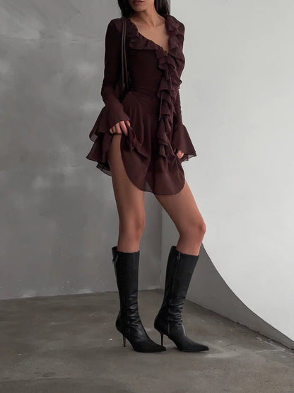 Deep-V mesh flared sleeves mini dress with ruffled trim
