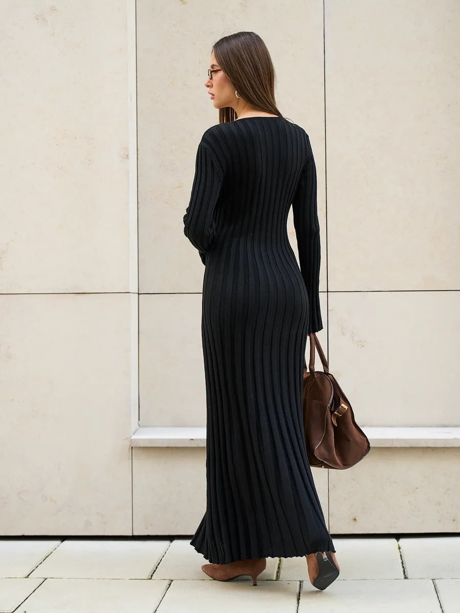Black Ribbed Knit V-Neck Long Sleeve Premium Fabric - product view 3