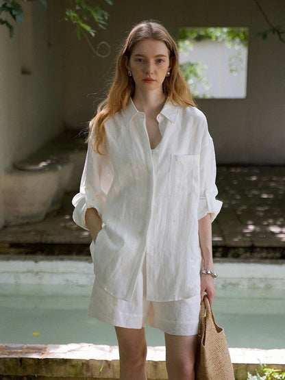 White linen oversized shirt and shorts set