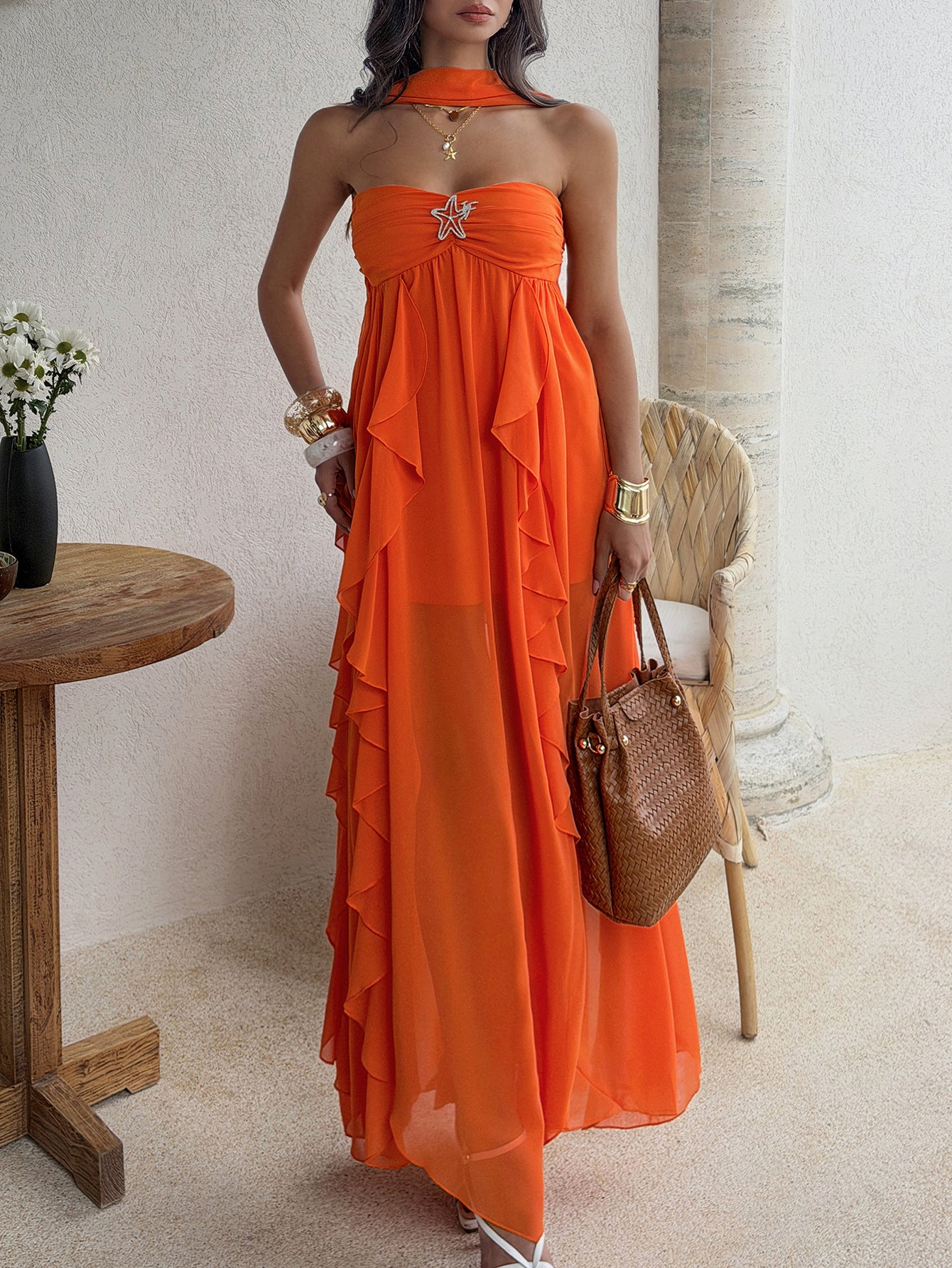 orange bandeau layered ruffled dress