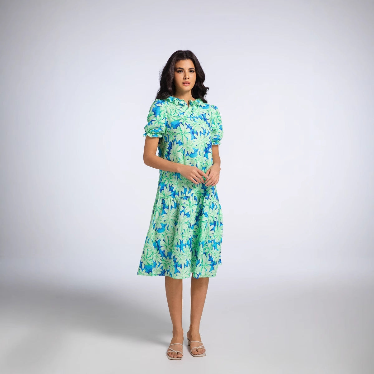 print ruffle-sleeve midi dress - green