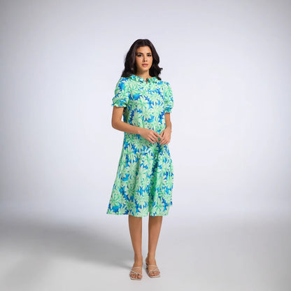 print ruffle-sleeve midi dress - green