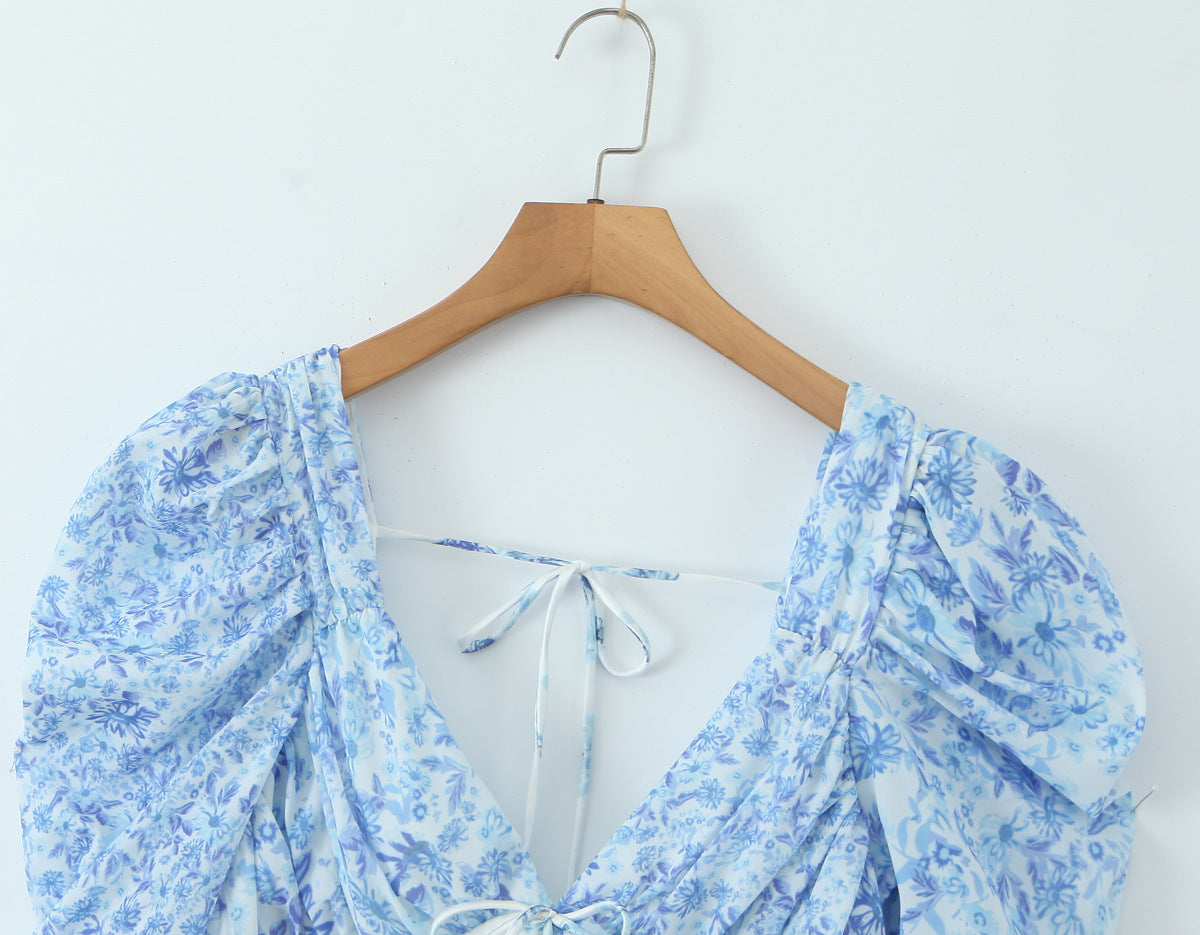 Floral lace patchwork deep V-neck puff sleeves mini dress