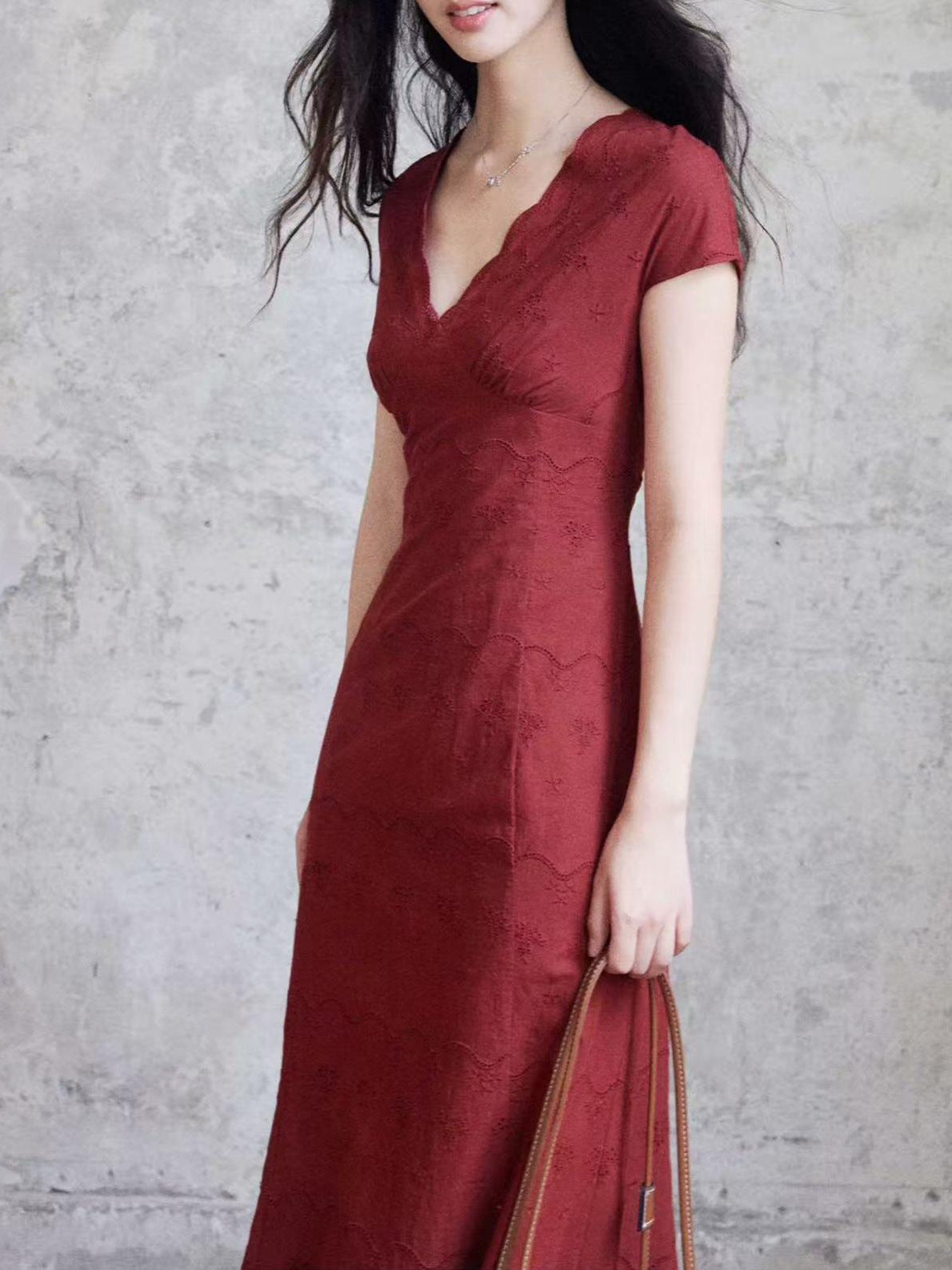 Retro-style openwork embroidered maxi dress - red