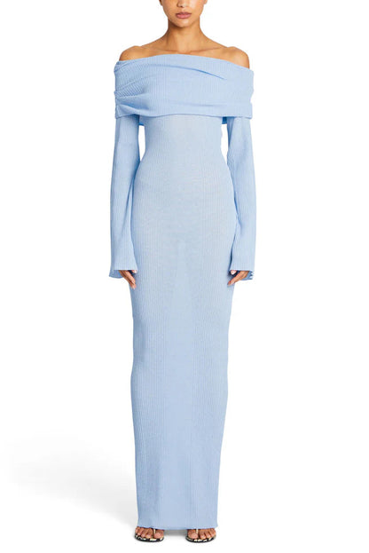 blue Long-sleeved off-the-shoulder pleated knit dress