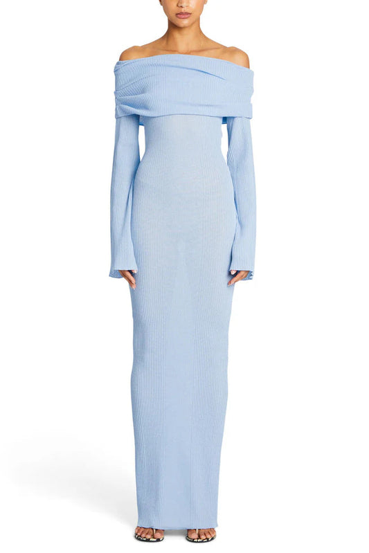 blue Long-sleeved off-the-shoulder pleated knit dress
