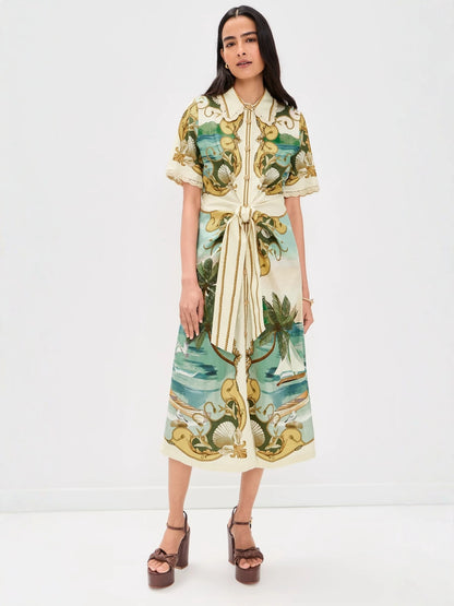 Vacation floral print short-sleeved cardigan maxi skirt with belt - green