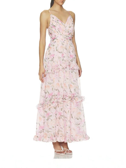 Printed camisole tiered maxi dress - pink