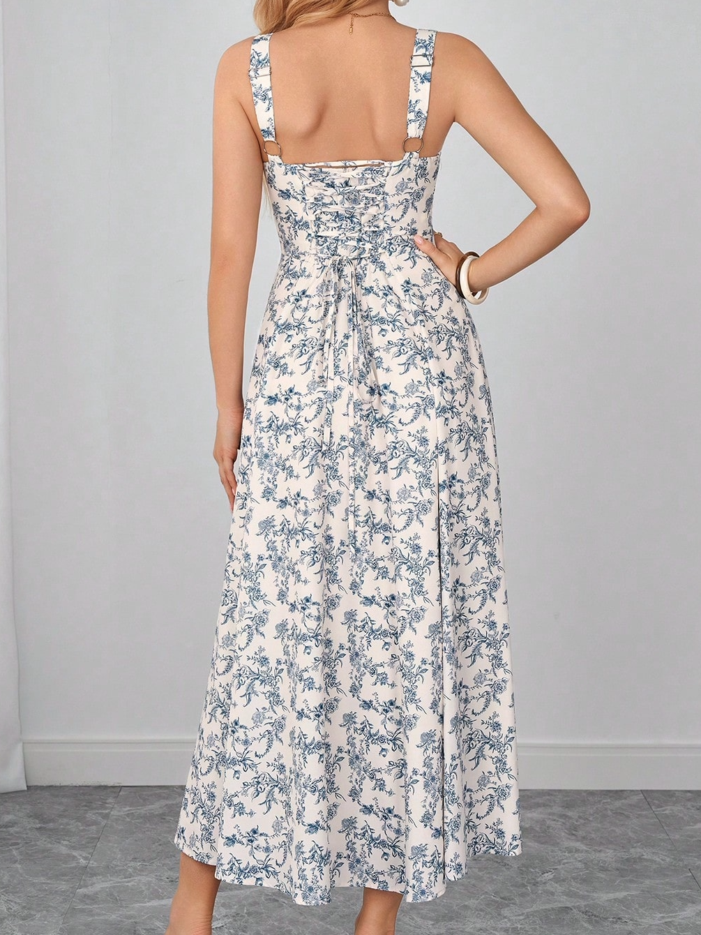 blue and white floral camisole dress
