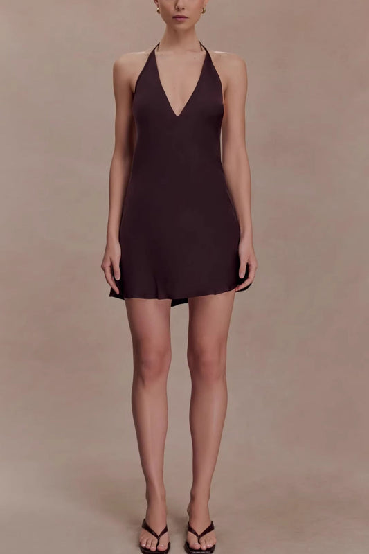 brown open back cross-border satin mini dress