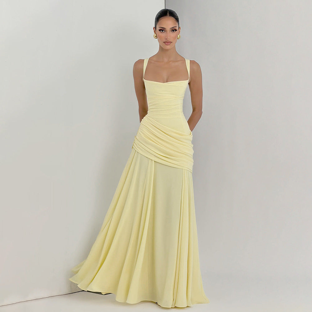 yellow low-cut camisole open back mermaid dress