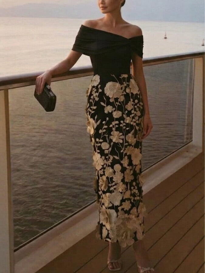 Off-shoulder midi dress with faux 3D floral embroidery