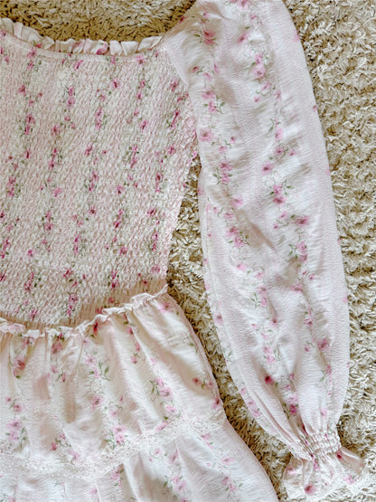 pink floral lace crochet lace layered long-sleeve dress