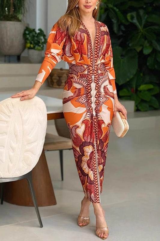 orange print V-neck long sleeve slit dress