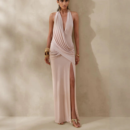 apricot deep V halter pleated backless slit dress
