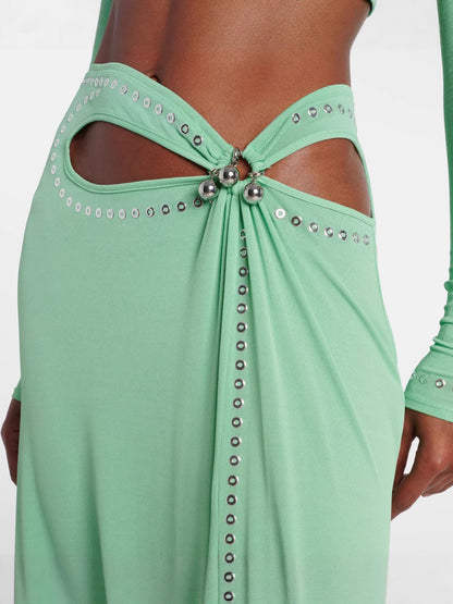 green long-sleeved  low-cut high-slit dress