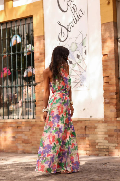 Printed Wrap-Style halter Ruched Maxi Dress - purple