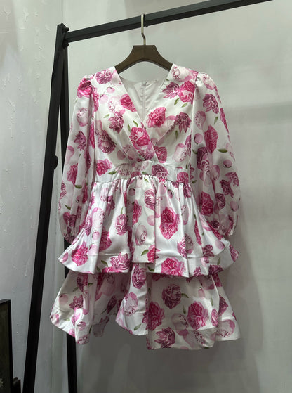V-neck floral print double mini dress