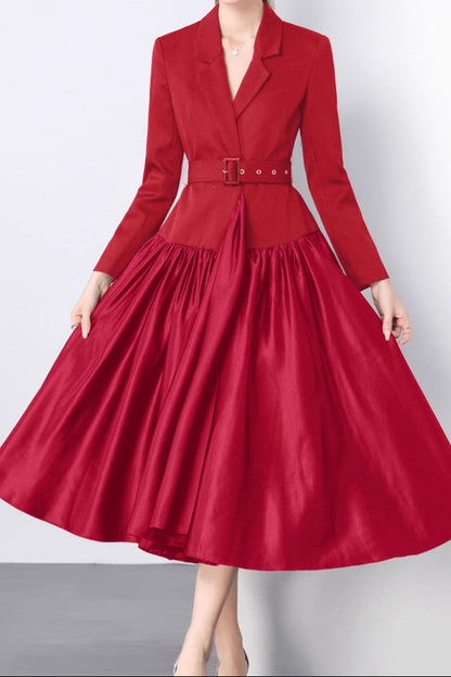 Suit collar belted long skirt
