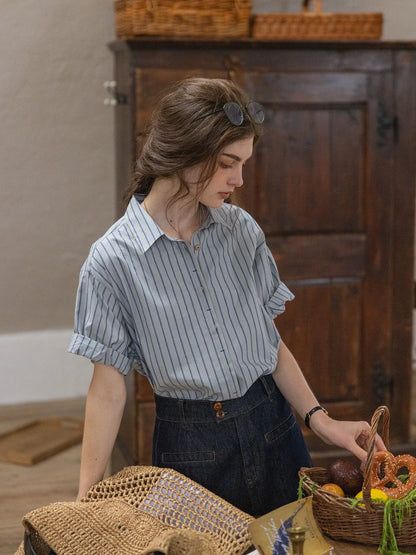 cotton dark striped color-block patchwork shirt