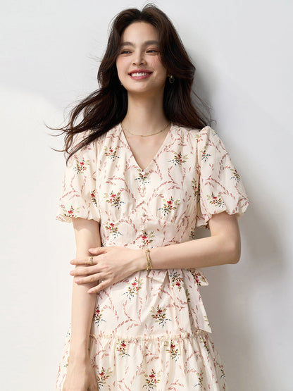 Retro V-neck puff sleeve printed tea maxi dress
