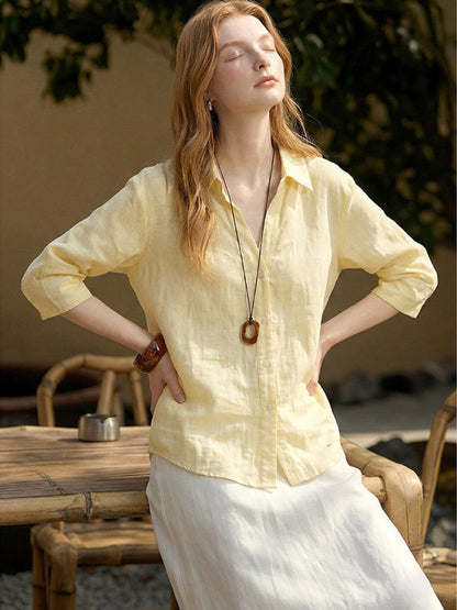 Light Yellow Linen V-Neck Three-quarter Sleeve Shirt