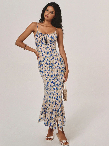 Floral V-Neck Tie-up Irregular Ruffled Mermaid Dress