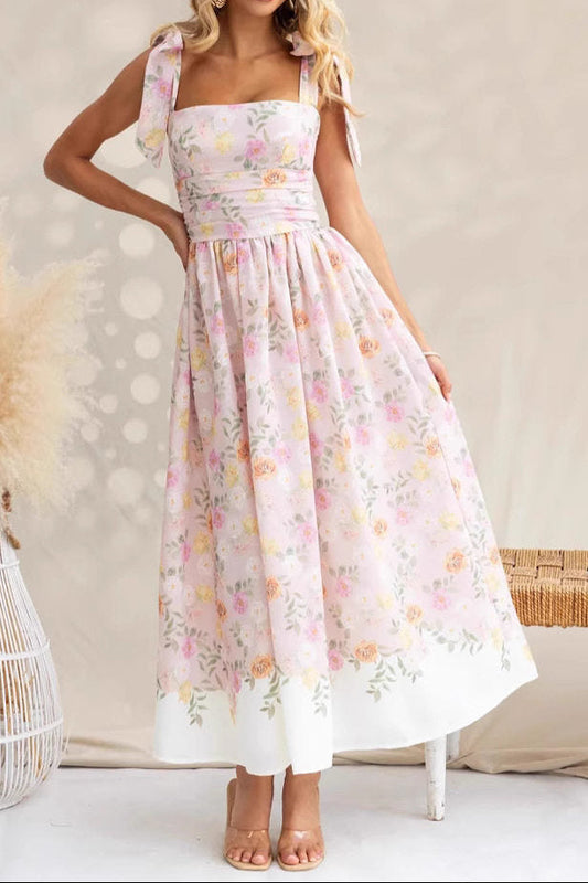 French-style floral color-blocked sundress