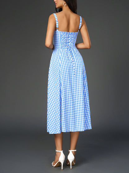 blue plaid herringbone slip slit backless chest tie long dress