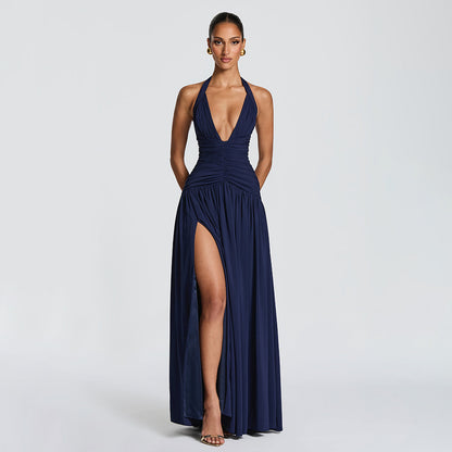 navy halterneck slim back dress