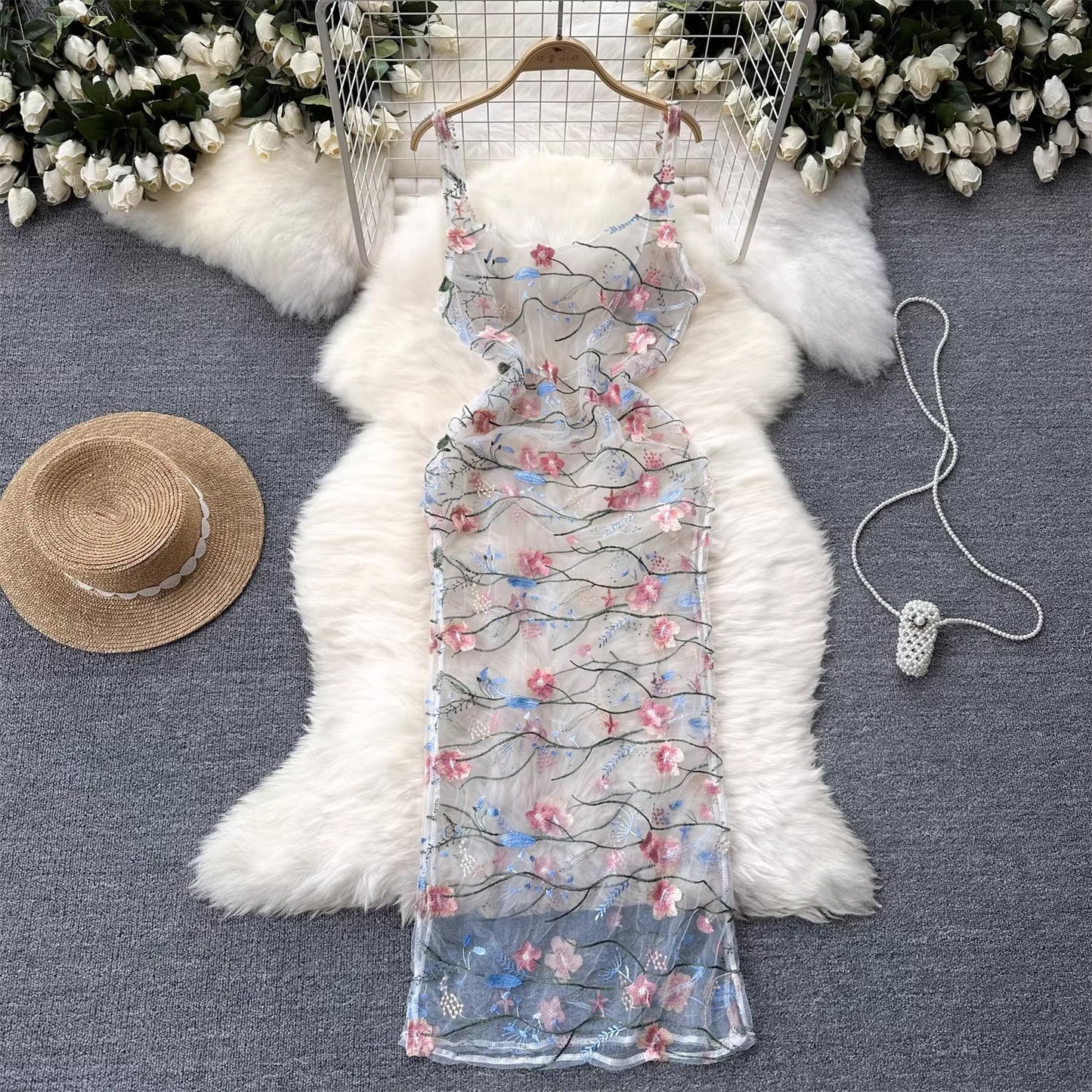 sleeveless embroidery lace mesh midi dress