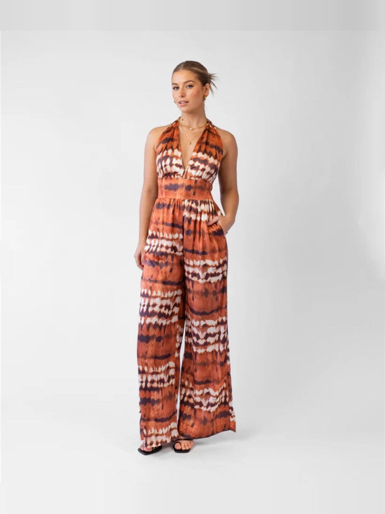 Halter V-Neck Tie Dye Wide Leg Pocket Jumpsuit
