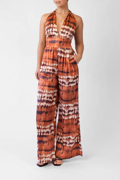 Halter V-Neck Tie Dye Wide Leg Pocket Jumpsuit