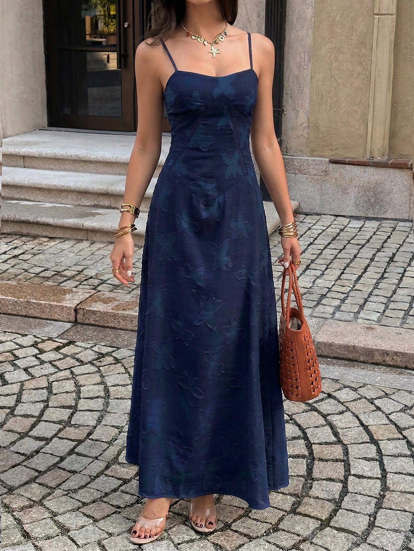 dark blue jacquard suspender waist dress