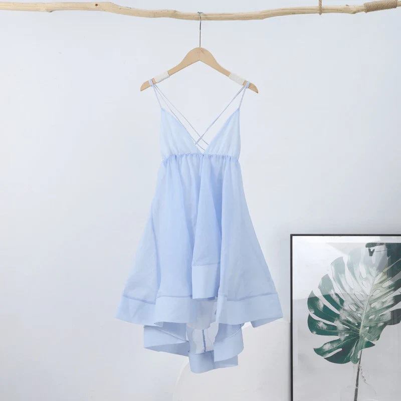 Pleated voluminous V-neck backless camisole mini dress