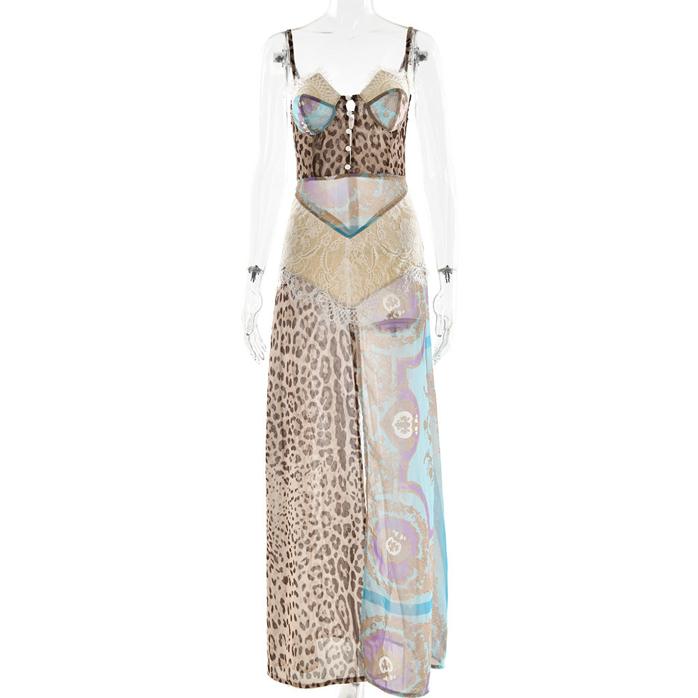 blue suspender slit bandeau chiffon dress