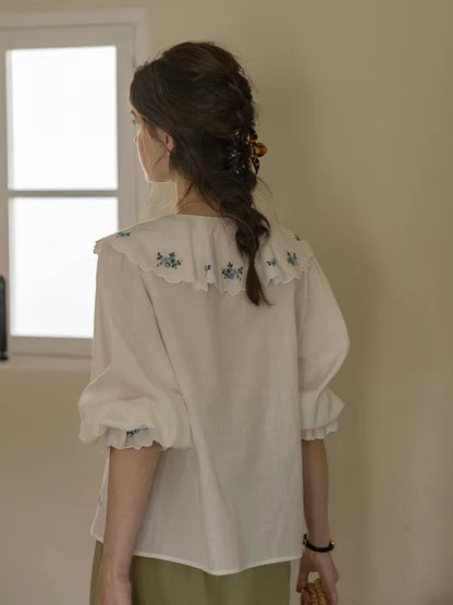 white floral embroidery ruffle collar and tie shirt