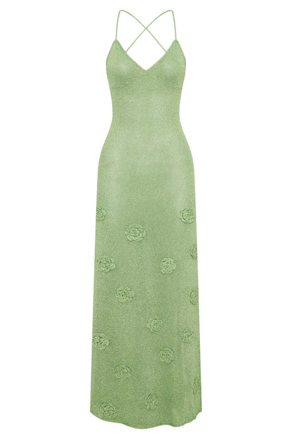 green three-dimensional flower backless dress
