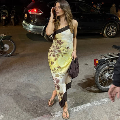 Printed Backless Cami midi Dress in yellow