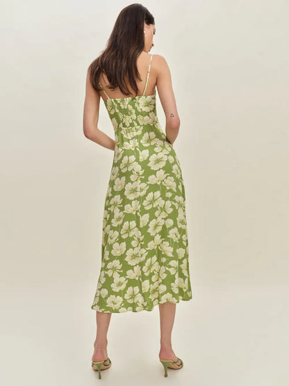 Printed Lemon Green Tea Camisole midi Dress