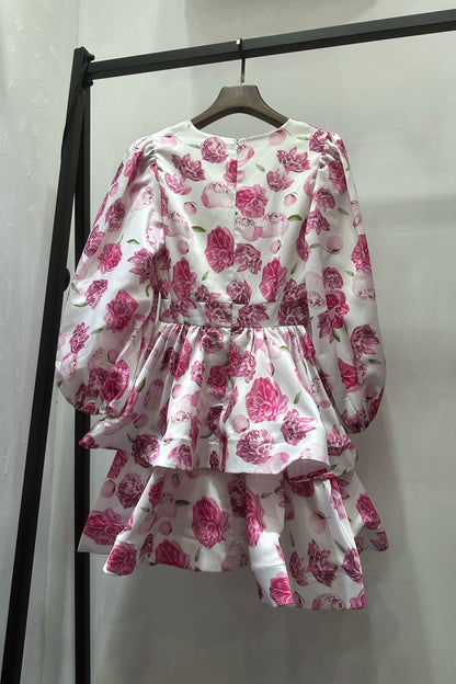 V-neck floral print double mini dress