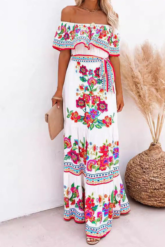 Off-shoulder printed maxi dress with a full skirt