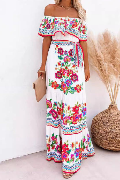 Off-shoulder printed maxi dress with a full skirt